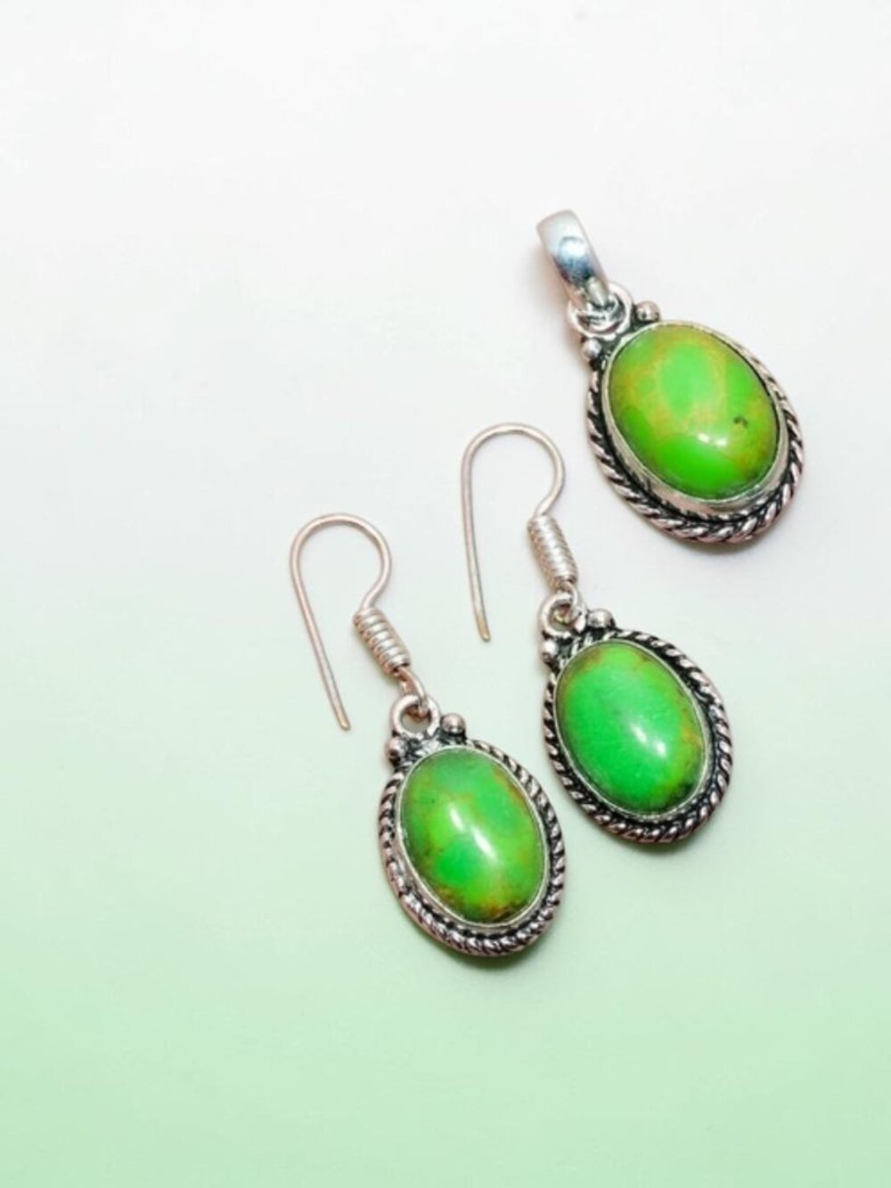 Copper Green Turquoise Gemstone Pendant and Earring Set 1.32"-1.13"
